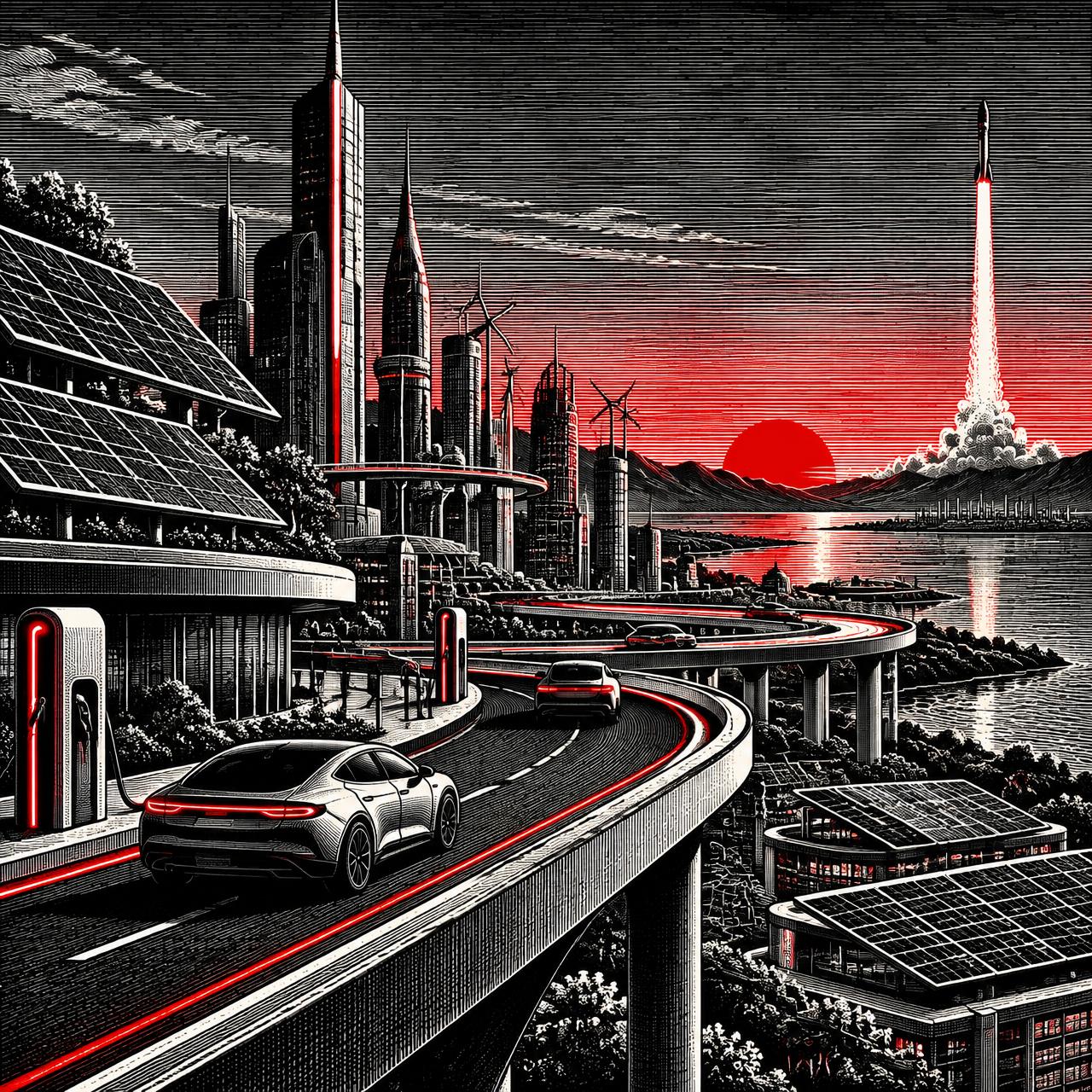 AI-generated editorial illustration of a future electric city